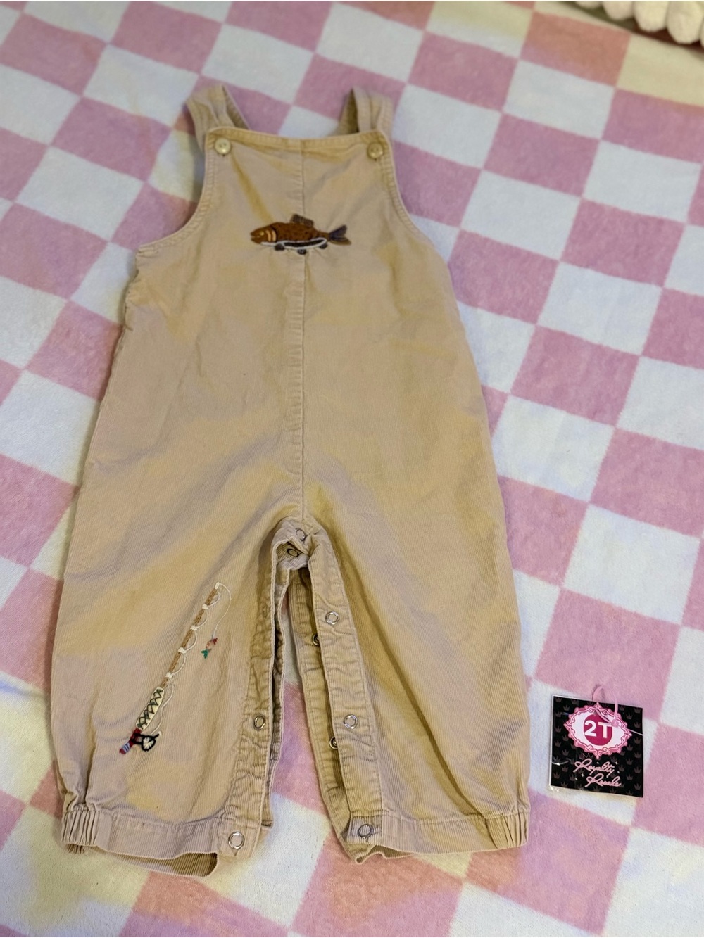 Beige Toddler Corduroy Overalls with Fish Embroidery - 2T
